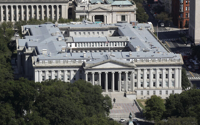 The US Treasury Department building viewed from the Washington Monument in Washington, September 18, 2019. (Patrick Semansky/AP) The US Treasury Department building viewed from the Washington Monument in Washington, September 18, 2019. (Patrick Semansky/AP)