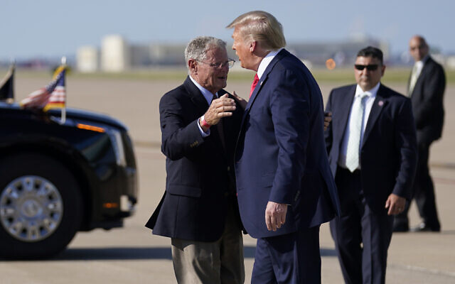 Sen. Jim Inhofe, R-Okla., hugs US President Donald Trump as he arrives at Tulsa International Airport on June 20, 2020, in Tulsa, Okla. (AP/Evan Vucci) Sen. Jim Inhofe, R-Okla., hugs US President Donald Trump as he arrives at Tulsa International Airport on June 20, 2020, in Tulsa, Okla. (AP/Evan Vucci)