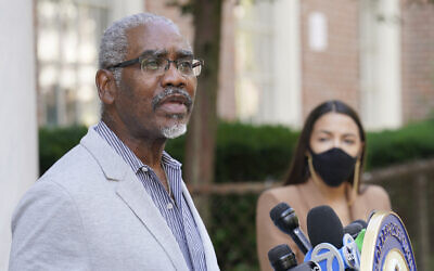 US Rep. Gregory Meeks, Democrat-New York speaks during a news conference outside the USPS Jamaica station, in the Queens borough of New York, August 18, 2020. (John Minchillo/AP)