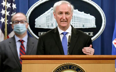 Deputy Attorney General Jeffrey A. Rosen holds a news conference to announce the results of the global resolution of criminal and civil investigations with an opioid manufacturer at the Justice Department in Washington, Wednesday, Oct. 21, 2020. (Yuri Gripas/Pool via AP)