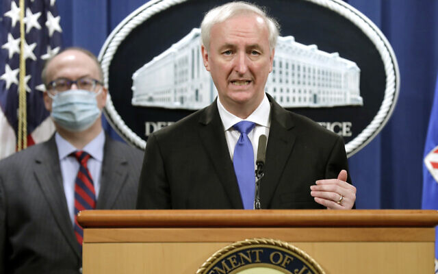 Deputy Attorney General Jeffrey A. Rosen holds a news conference to announce the results of the global resolution of criminal and civil investigations with an opioid manufacturer at the Justice Department in Washington, Wednesday, Oct. 21, 2020. (Yuri Gripas/Pool via AP) Deputy Attorney General Jeffrey A. Rosen holds a news conference to announce the results of the global resolution of criminal and civil investigations with an opioid manufacturer at the Justice Department in Washington, Wednesday, Oct. 21, 2020. (Yuri Gripas/Pool via AP)