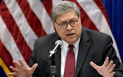 US Attorney General William Barr speaks during a roundtable discussion on Operation Legend, a federal program to help cities combat violent crime, in St. Louis, October 15, 2020. (AP Photo/Jeff Roberson, File)