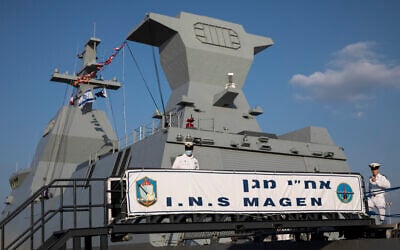 Israeli sailors stand on board the first of four new Sa'ar 6 ships in Haifa on December 2, 2020. (Heidi Levine/Pool Photo via AP)
