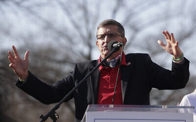 Former National Security Advisor Michael Flynn speaks at the Women for America First March for Trump Rally at Freedom Plaza, Dec. 12, 2020, in Washington. (AP Photo/Luis M. Alvarez)
