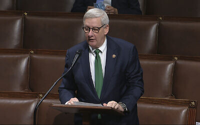 Screen capture from video fo Rep. Paul Mitchell, Republican-Michigan, speaks on the floor of the House of Representatives at the US Capitol in Washington, April 23, 2020. (House Television via AP)