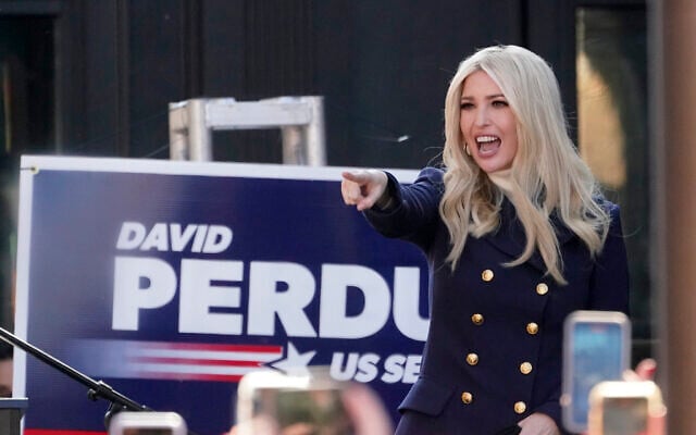 Ivanka Trump speaks during a campaign rally for Republican Georgia Senators Kelly Loeffler and David Perdue, December 21, 2020, in Milton, Georgia. (AP Photo/John Bazemore) Ivanka Trump speaks during a campaign rally for Republican Georgia Senators Kelly Loeffler and David Perdue, December 21, 2020, in Milton, Georgia. (AP Photo/John Bazemore)
