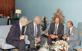 King Hassan II of Morocco, right, confers with Israeli Prime Minister Yitzhak Rabin, second from left, and Foreign Minister Shimon Peres, left , at the Skhirat Royal Palace in Rabat., Morocco, September 14, 1993. (AP Photo/Nati Harnik)