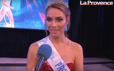 Screen capture from video of April Benayoum, who was targeted with online anti-Semitic abuse as she participated in the Miss France 2021 contest, December 2020. (YouTube)