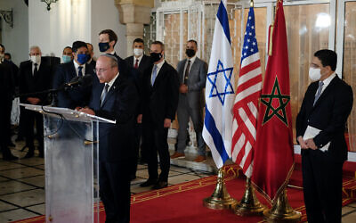 Israeli national security Adviser speaks to a press at the royal palace in Rabat, Morocco, December 22, 2020. (Judah Ari Gross/Times of Israel)