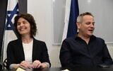 Meretz leader Nitzan Horowitz (R) and party member Tamar Zandberg at a press conference in Tel Aviv on March 12, 2020. (Tomer Neuberg/Flash90)
