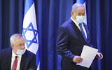 Prime Minister Benjamin Netanyahu and Defense Minister Benny Gantz, at the weekly cabinet meeting, at the Ministry of Foreign Affairs in Jerusalem on June 21, 2020. (Marc Israel Sellem/POOL)