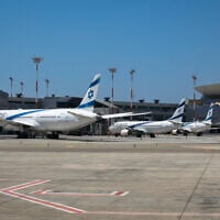 File: Parked airplanes at Ben Gurion Airport, August 8, 2020 (Olivier Fitoussi/FLASH90)