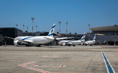 Parked airplanes at Ben Gurion Airport, August 8, 2020 (Olivier Fitoussi/FLASH90/File)