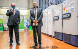 Prime Minister Benjamin Netanyahu (L) and Health Minister Yuli Edelstein visit the Teva Pharmaceuticals' logistics center in Shoham, where coronavirus vaccines are set to be stored and distributed, November 26, 2020. (Yossi Aloni/Flash90)