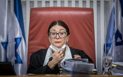 Supreme Court Chief Justice Esther Hayut attends a hearing at the Supreme Court in Jerusalem on December 22, 2020. (Yonatan Sindel/Flash90)