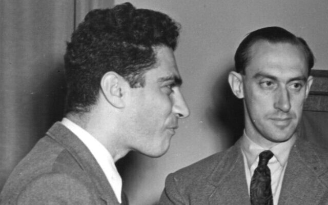 Jack Steinberger, left, in 1956 (Sovfoto/Universal Images Group via Getty Images, JTA)
