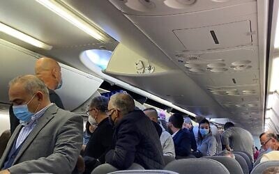 A FlyDubai flight from Tel Aviv to Dubai on December 7, 2020. (Shoshanna Solomon/ Times of Israel) A FlyDubai flight from Tel Aviv to Dubai on December 7, 2020. (Shoshanna Solomon/ Times of Israel)