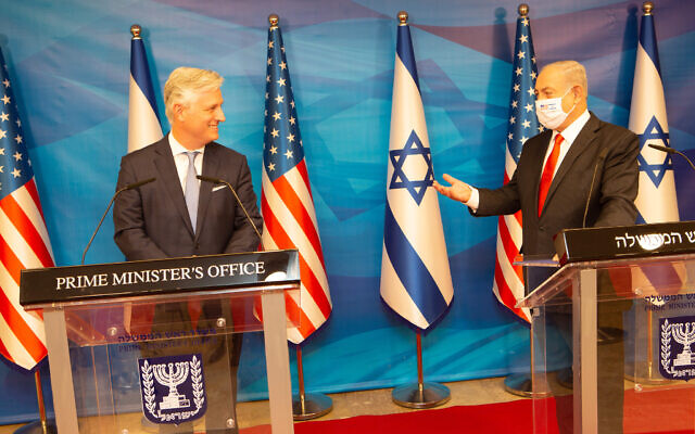 US National Security Adviser Robert O'Brien, left, meets Prime Minister Benjamin Netanyahu at the Prime Minister's Office in Jerusalem, December 13, 2020. (courtesy US Embassy) US National Security Adviser Robert O'Brien, left, meets Prime Minister Benjamin Netanyahu at the Prime Minister's Office in Jerusalem, December 13, 2020. (courtesy US Embassy)