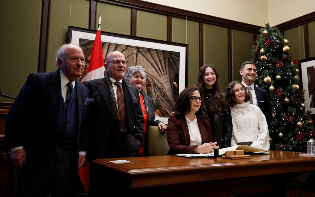 Newly elected Canadian Member of Parliament for York Centre, Ya’ara Saks (center), after being sworn in, with her daughters and brother to her right, in Ottawa, Canada, on November 25, 2020. (Courtesy)