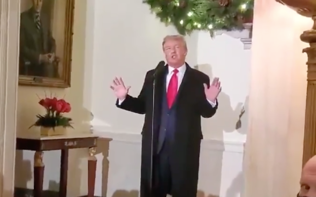 US President Donald Trump addresses the White House Hannukah party on December 9, 2020. (Screen capture/Twitter) US President Donald Trump addresses the White House Hannukah party on December 9, 2020. (Screen capture/Twitter)