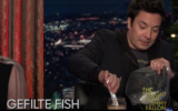 Screen capture from video of TV Host Jimmy Fallon trying gefilte fish for the first time. (YouTube)