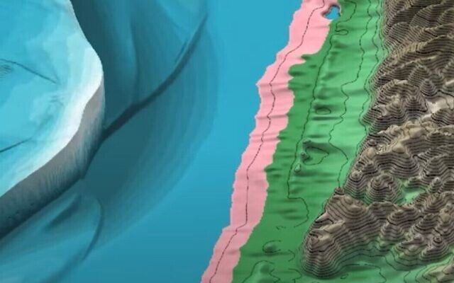 Screen capture from video of a digital model constructed by researchers to show a huge tsunami they say likely hit Israel's Mediterranean cost thousands of years ago. (YouTube) Screen capture from video of a digital model constructed by researchers to show a huge tsunami they say likely hit Israel's Mediterranean cost thousands of years ago. (YouTube)