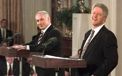 Then-US president Bill Clinton and then-prime minister Benjamin Netanyahu at a joint press conference at the White House in Washington, February 13, 1997. (AP Photo/Ron Edmonds)