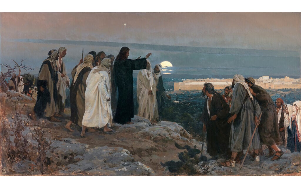 "Flevit super illam," by Spanish painter Enrique Simonet, depicts Jesus mourning on the Mount of Olives as he approaches Jerusalem as described in the Gospel of Luke. The Latin title of the 1892 painting means "He wept over it." (Public domain)