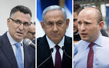 Combo photo (from left): New Hope leader Gideon Sa'ar, Prime Minister Benjamin Netanyahu, Yamina leader Naftali Bennett. (Flash90)