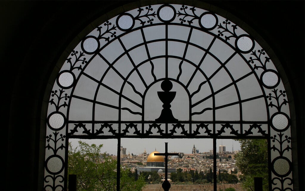 The Dome of the Rock and Jerusalem's Old City, seen from inside the Dominus Flevit church on the Mount of Olives. (Shmuel Bar-Am)
