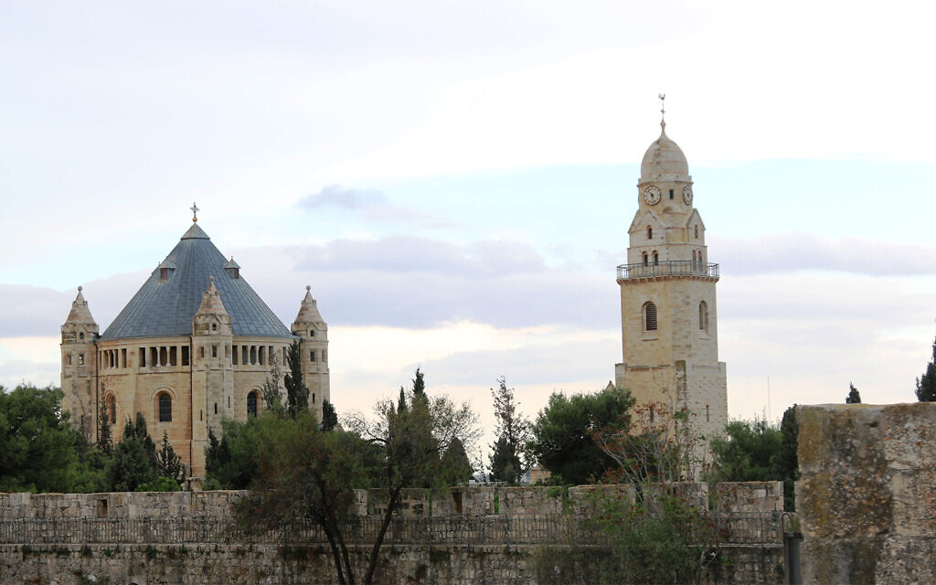 Dormition Abbey, seen from Jerusalem's Old City ramparts. The abbey was inaugurated in 1910 over an early church that was believed to contain the biblical Mary's crypt. (Shmuel Bar-Am)