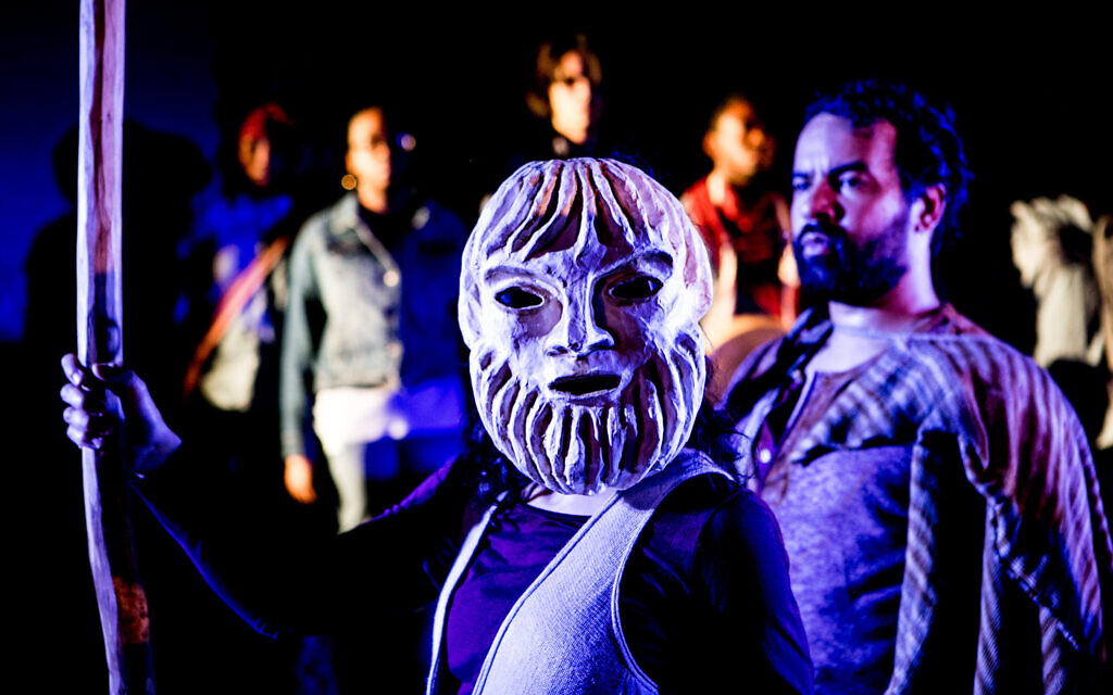 Julie A. Lockhart (masked), and Jonathan C.K. Williams  in 'Exagoge,' 2016. (Taso Papadakis/ Theatre Dybbuk)
