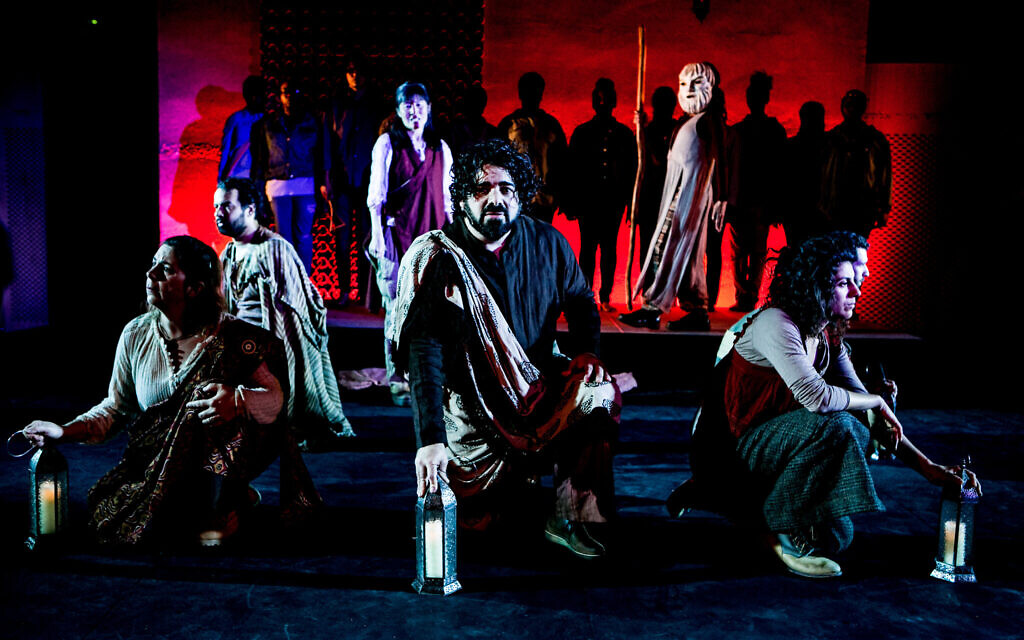 From left to right: Rebecca Rasmussen, Jonathan C.K. Williams, Diana Tanaka, Rob Adler, Julie A. Lockhart (masked), Jenny Gillett, and Nick Greene in 'Exagoge,' 2016. (Taso Papadakis/ Theatre Dybbuk)