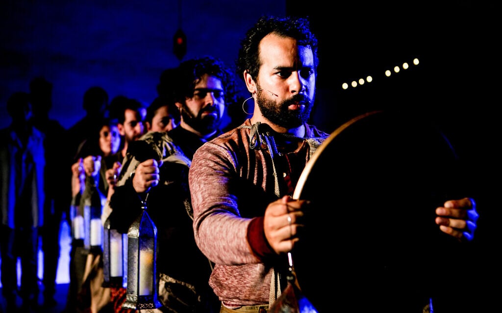 From front to back: Jonathan C.K. Williams, Rob Adler, Rebecca Rasmussen, Nick Greene, Jenny Gillet in 'Exagoge,' 2016. (Taso Papadakis/ Theatre Dybbuk)