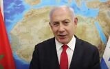 Prime Minister Benjamin Netanyahu in a video produced by his office in which he welcomes the normalization deal between Israel and Morocco. (Twitter screen capture)