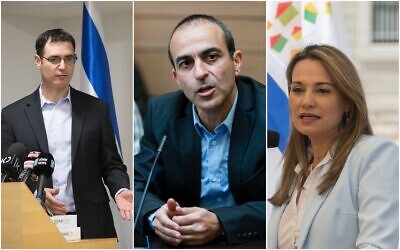 (L-R): Then-Health Ministry director-general Moshe Bar Siman-Tov during a press conference announcing the new health basket at the Health Ministry in Jerusalem on January 3, 2019; former director-general of the Health Ministry Prof. Ronni Gamzu speaks at a Finance Committee meeting on February 11, 2014; outgoing housing minister Yifat Shasha Biton at a ceremony at the Housing Ministry in Jerusalem on May 18 2020. (Noam Revkin/Olivier Fitoussi/Flash90)