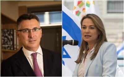 Then-Likud MK Gideon Sa'ar poses for a picture at his office at the Knesset on November 27, 2019. Outgoing Housing Minister Yifat Shasha-Biton, who has joined Sa'ar's New Hope party, speaks at a ceremony marking her replacement in Jerusalem on May 18 2020. (Yonatan Sindel, Olivier Fitoussi Flash90)