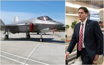 Left: An F-35 fighter jet arrives at the Vermont Air National Guard base in South Burlington, Vermont, September 19, 2019. Right, Ron Dermer, Israel's ambassador to the United States, walks through the Capitol in Washington on September 11, 2019. (J. Scott Applewhite, Wilson Ring/ AP/ File)