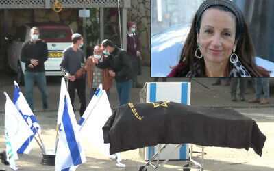 The funeral of Esther Horgen, killed in an apparent terror attack in the West Bank, December 22, 2020 (Screen grab/Ynet); Inset: Esther Horgen (Courtesy)
