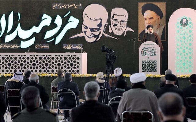 Iranian judiciary chief Ebrahim Raisi speaks during a ceremony on the occasion of the first anniversary of death of former Quds force commander Qasem Soleimani in Tehran, on January 1, 2021. (STR / AFP) Iranian judiciary chief Ebrahim Raisi speaks during a ceremony on the occasion of the first anniversary of death of former Quds force commander Qasem Soleimani in Tehran, on January 1, 2021. (STR / AFP)
