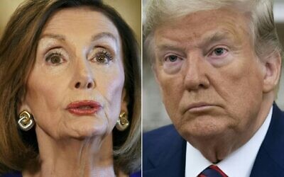 This file combination of pictures created on September 24, 2019 shows US Speaker of the House Nancy Pelosi, Democrat of California, on September 24, 2019 and US President Donald Trump in Washington, DC, September 20, 2019. (Photos by Mandel NGAN and SAUL LOEB / AFP)