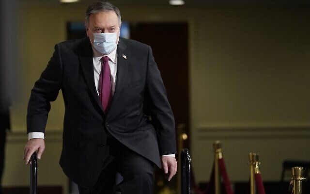 US Secretary of State Mike Pompeo arrives to speak at the National Press Club in Washington, on January 12, 2021. (Andrew Harnik/Pool/AFP) US Secretary of State Mike Pompeo arrives to speak at the National Press Club in Washington, on January 12, 2021. (Andrew Harnik/Pool/AFP)