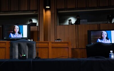 Kristen Clarke speaks remotely during Senate Judiciary Committee hearings on the confirmation of Supreme Court nominee Amy Coney Barrett, October 15, 2020. (Anna Moneymaker-Pool/Getty Images) Kristen Clarke speaks remotely during Senate Judiciary Committee hearings on the confirmation of Supreme Court nominee Amy Coney Barrett, October 15, 2020. (Anna Moneymaker-Pool/Getty Images)