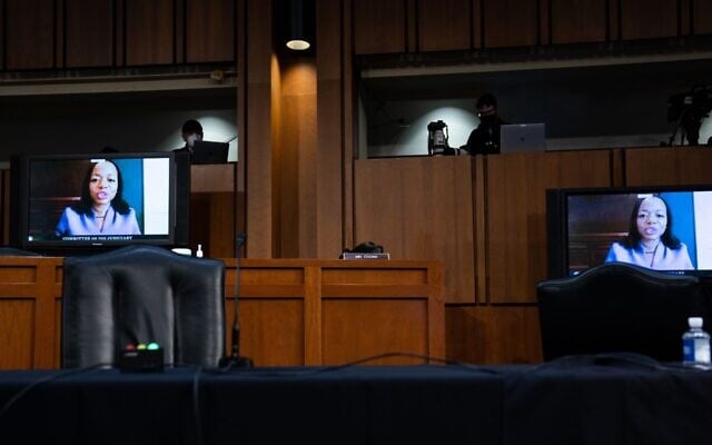 Kristen Clarke speaks remotely during Senate Judiciary Committee hearings on the confirmation of Supreme Court nominee Amy Coney Barrett, October 15, 2020. (Anna Moneymaker-Pool/Getty Images) Kristen Clarke speaks remotely during Senate Judiciary Committee hearings on the confirmation of Supreme Court nominee Amy Coney Barrett, October 15, 2020. (Anna Moneymaker-Pool/Getty Images)