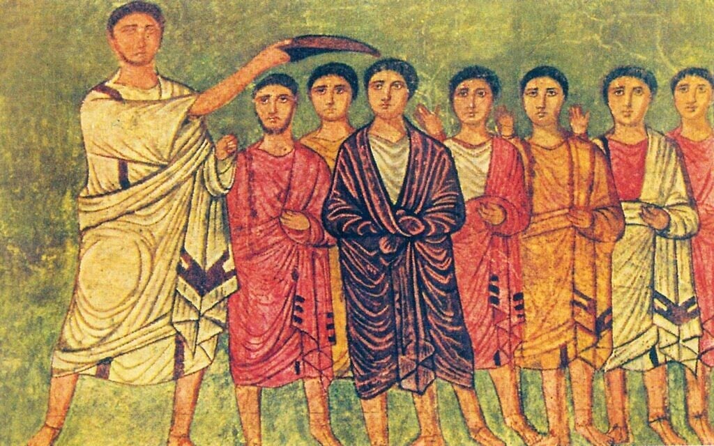 Painting of David anointed king by Samuel, wearing royal purple, from the Dura Europos Synagogue, Syria, 3rd century CE (public domain)