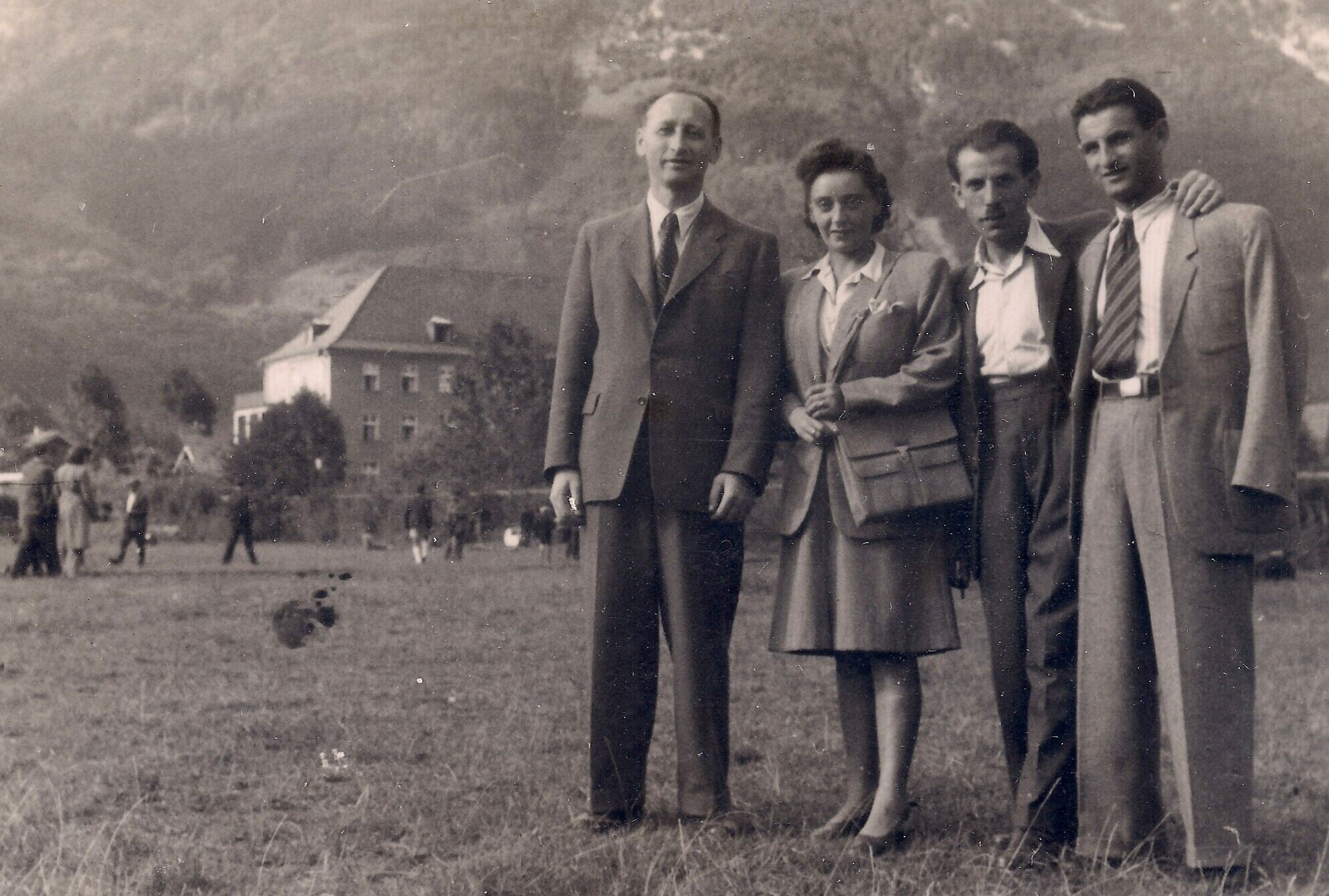 Regina and Joseph Dichek, at right, with the Bad Reichenhall displaced persons camp in the background, Germany, circa 1946-1949. (Courtesy Bernard Dichek) Regina and Joseph Dichek, at right, with the Bad Reichenhall displaced persons camp in the background, Germany, circa 1946-1949. (Courtesy Bernard Dichek)