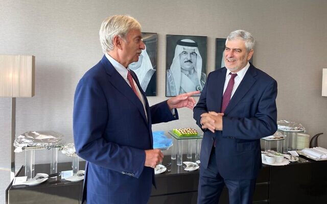 Bank Hapoalim CEO Dov Kotler, right, meets with CEO of the National Bank of Bahrain Jean-Christophe Durand in Manama, Bahrain in Nov. 2020 (Courtesy) Bank Hapoalim CEO Dov Kotler, right, meets with CEO of the National Bank of Bahrain Jean-Christophe Durand in Manama, Bahrain in Nov. 2020 (Courtesy)