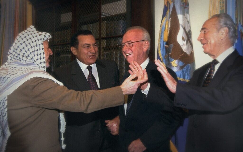 Left to Right: Yasser Arafat, Hosni Mubarak, Yitzhak Rabin, Shimon Peres at Oslo B Summit in Washington, DC.
(Israeli Government Press Office/ Courtesy of Sony Pictures Classics)