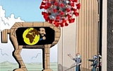 An anti-Semitic cartoon published on Telegram on March 15, 2020, likening Jews to the coronavirus using the image of the Trojan horse. (Diaspora Affairs Ministry monitoring team via ADL/courtesy)