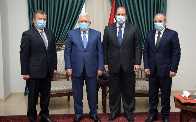 From left: Jordanian intelligence chief Ahmad Husni, Palestinian Authority President Mahmoud Abbas, Egyptian General Intelligence Director Abbas Kamel, and Palestinian General Intelligence Service head Majed Faraj meet at Abbas's office in Ramallah, West Bank, January 17, 2021. (Thair Ghanayem) From left: Jordanian intelligence chief Ahmad Husni, Palestinian Authority President Mahmoud Abbas, Egyptian General Intelligence Director Abbas Kamel, and Palestinian General Intelligence Service head Majed Faraj meet at Abbas's office in Ramallah, West Bank, January 17, 2021. (Thair Ghanayem)